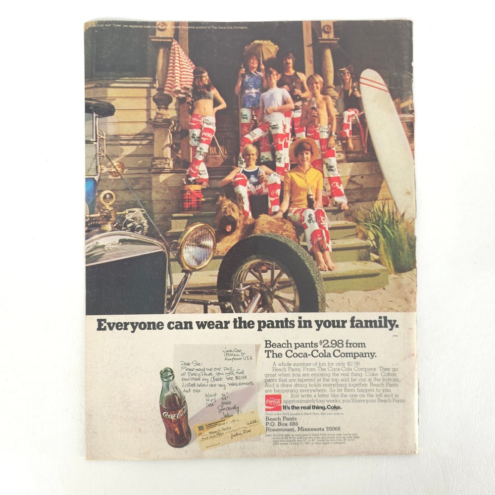 Vintage Coca Cola Beach Print Ad 1971 Family Surf Collector Advertising Wall Art